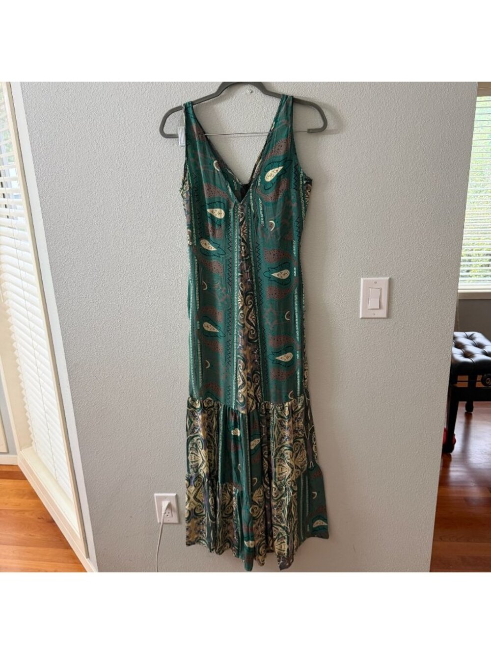 NWT Earthbound Satin Palazzo Jumpsuit Boho Peasant SMALL Green Pants